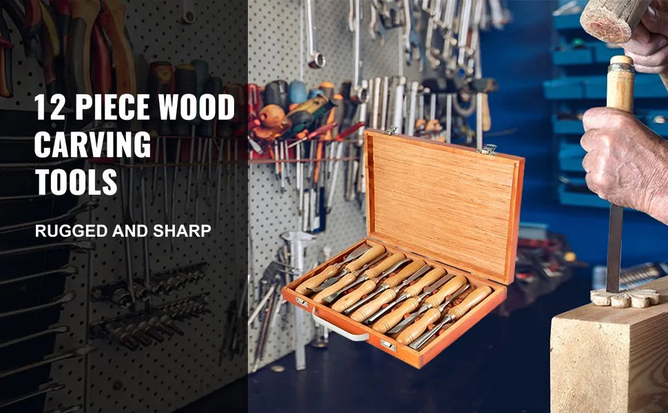 SucceBuy 12-Piece Wood Lathe Chisel Set, 3.75" Blade, Woodworking & Carving Tools with Wooden Case for Furniture & Root Crafting