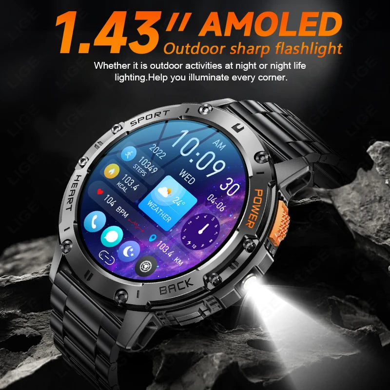 For Android ios New AMOLED Smart Watch Men with Flashlight Sports Waterproof Fitness Tracker Bluetooth Call Smartwatch Man+Box 