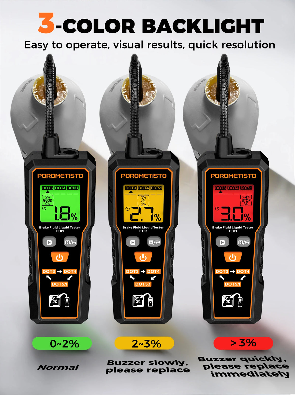 FT01 Liquide de frein automobile, témoin/ Testeur d’huile de frein portatif numérique, testeur de liquide de frein DOT3/DOT4/DOT5.1 avec sonde flexible