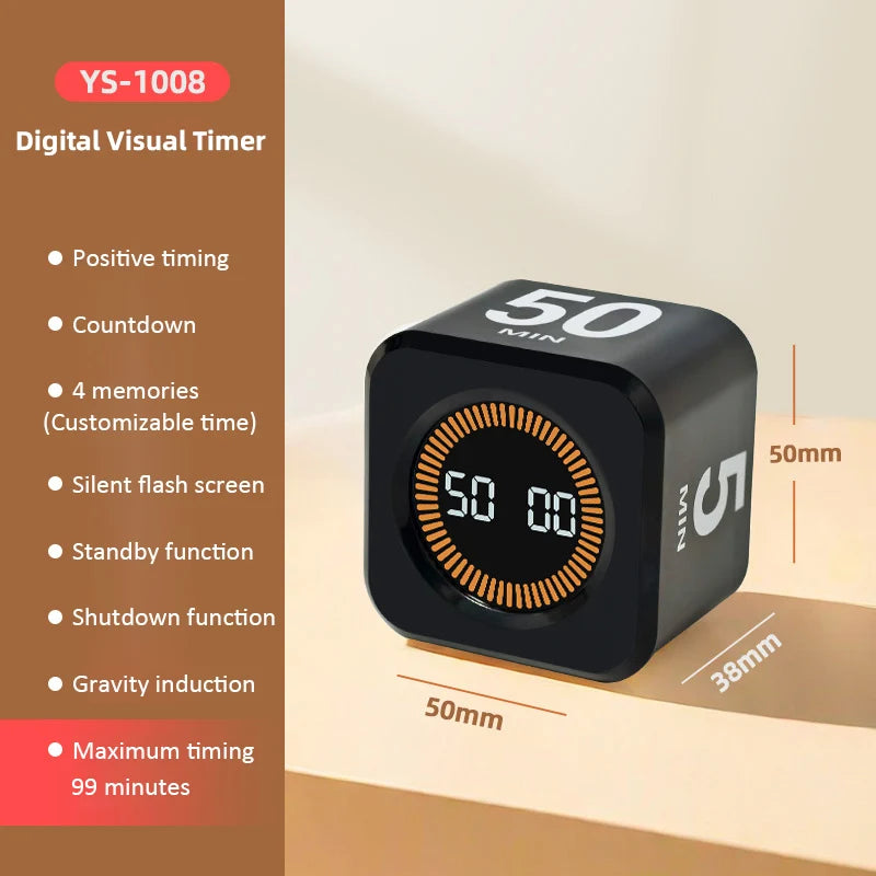 Digital visuell timer med gravitasjonssensor og LED-display, 4 forhåndsinnstilte tider, oppladbar minikubetimer til matlaging, studier og dusjing