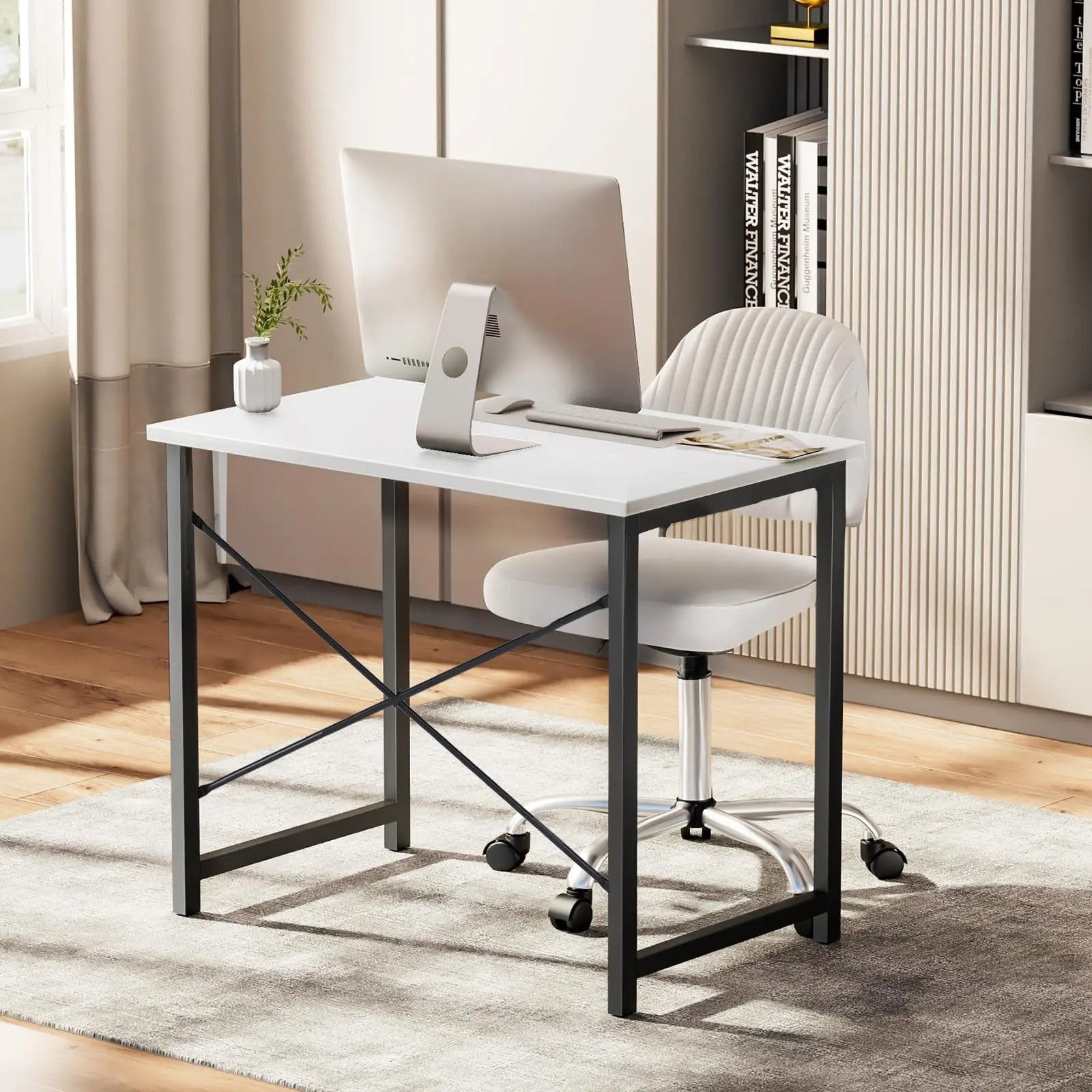 Modern Compact Computer Desk with Metal Frame & Wood Top