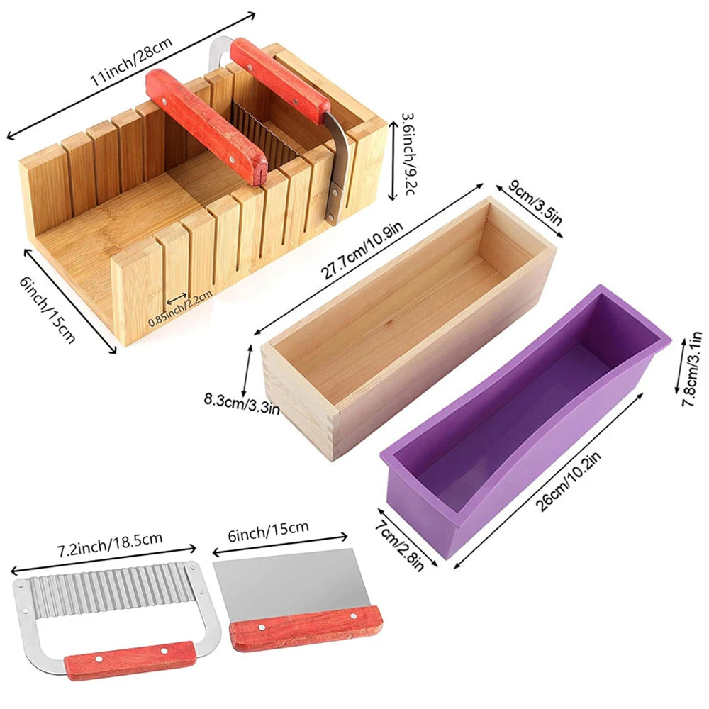 Kit de Fabrico de Sabão Artesanal DIY Corte de Bamboo e Caixa Interior com Molde de Silicone Fio de Aço Inoxidável Cortador Reto e Cortador Ondulado