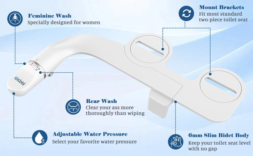 Toilet Seat Bidet Attachment Ultra-Slim Double Nozzle Adjustable Water Pressure Non-Electric Sprayer