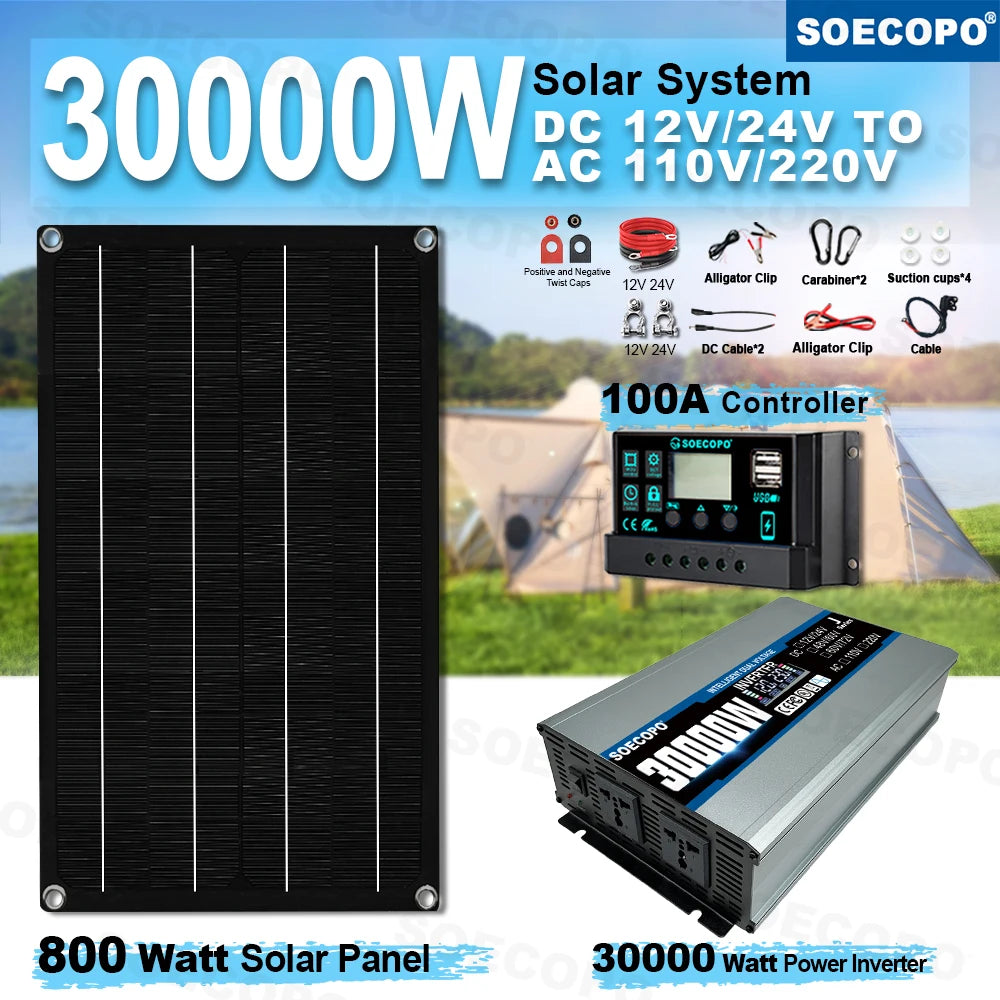 30000W solenergisystem sæt med 800W panel og 2200W inverter