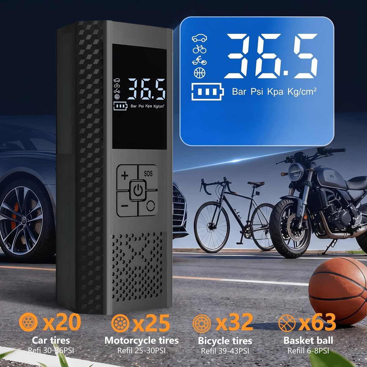 Portable Tire Inflator Tyre Pump 3000mAh 150PSI LCD Air Pump Auto Stop USB Rechargeable for Car Motorcycle Bike Scooter ATV Ball