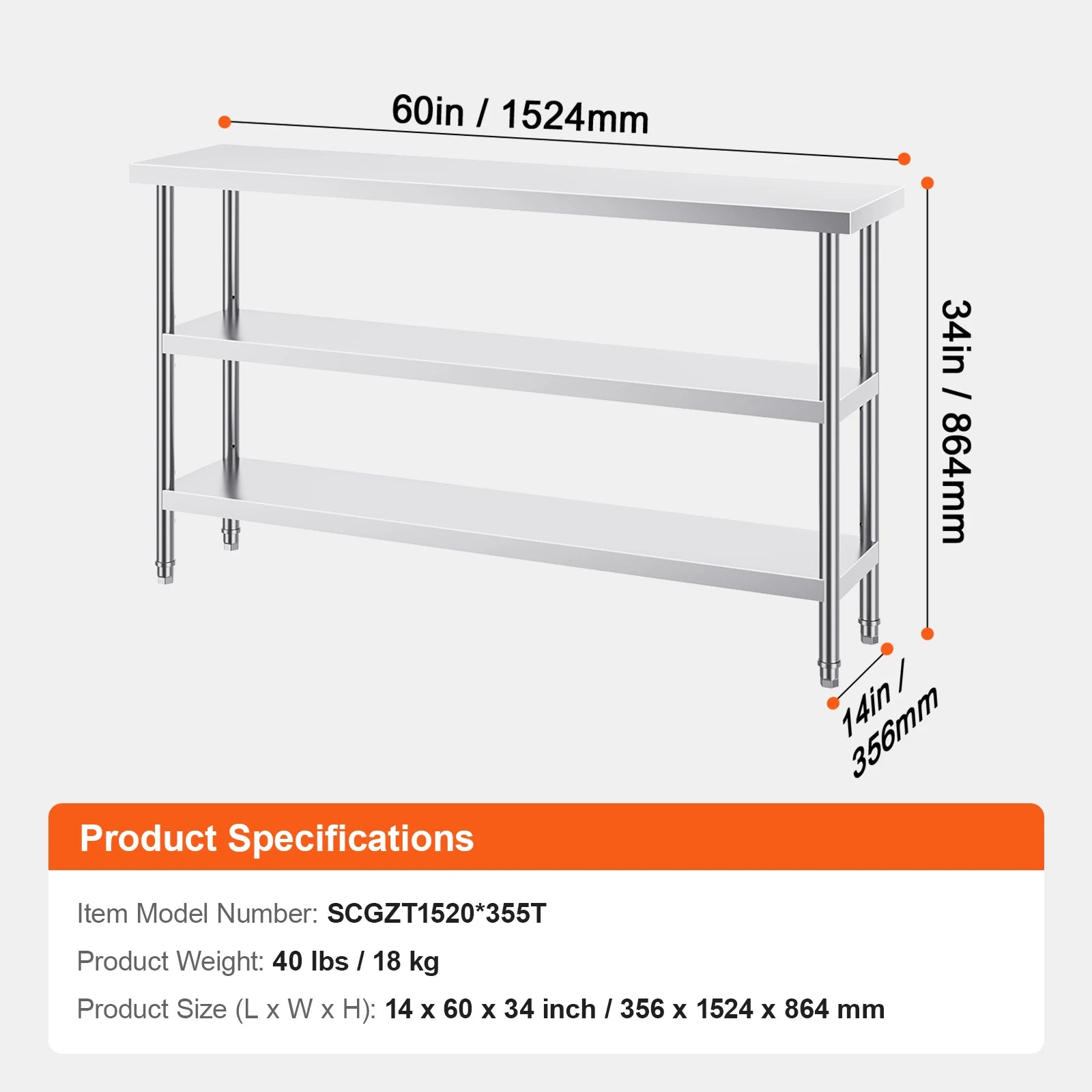 Stainless Steel Food Prep Table with Adjustable Shelves for Kitchen