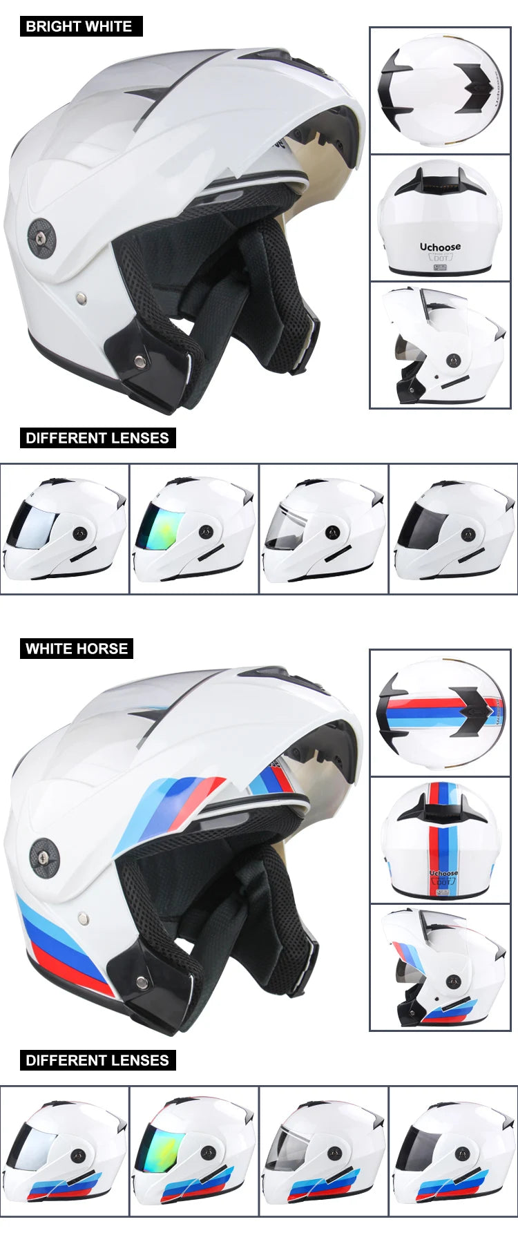 DOT Certification Uchoose Motorcycle Helmet Double Lens Cross Section Helmet Safety Modular Flip Helm Unisex Helmet With Visor 