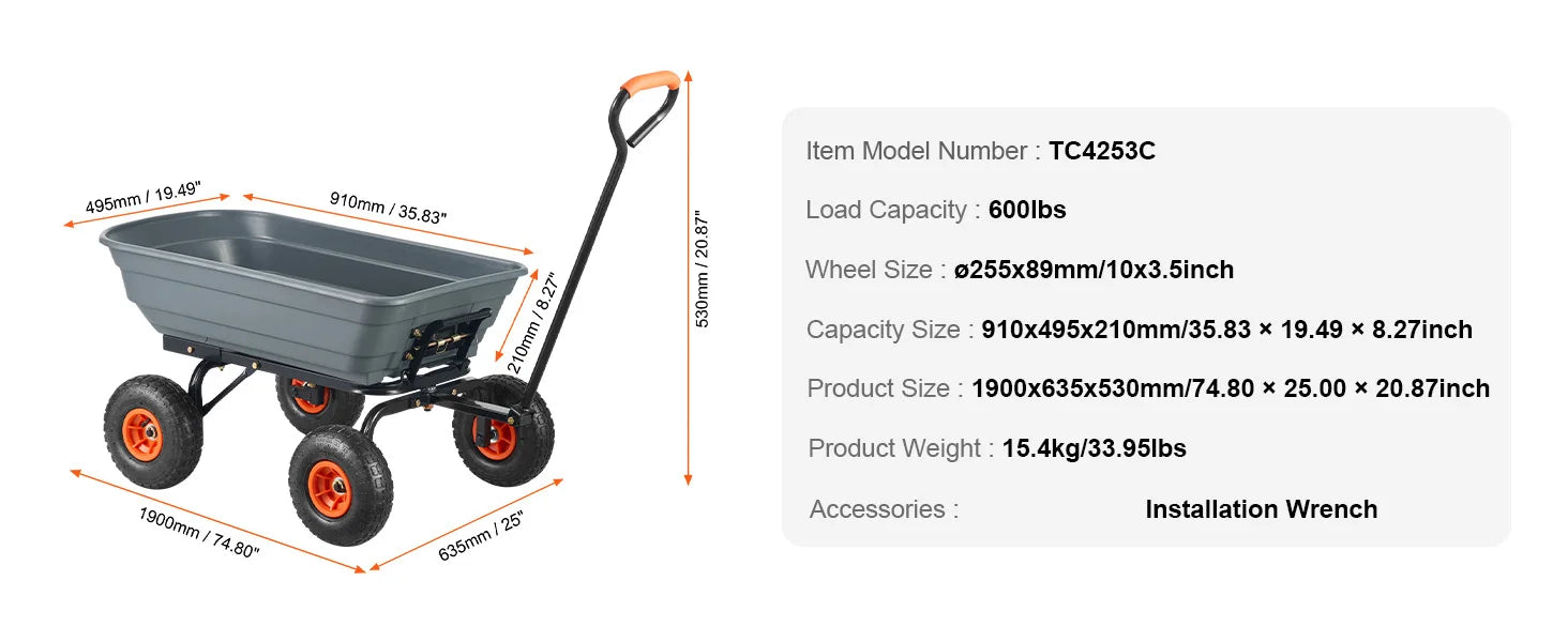 SucceBuy Dump Cart Poly Garden Dump Cart Easy to Assemble Steel Frame Dump Wagon with 2-in-1 Convertible Handle Safe Transport