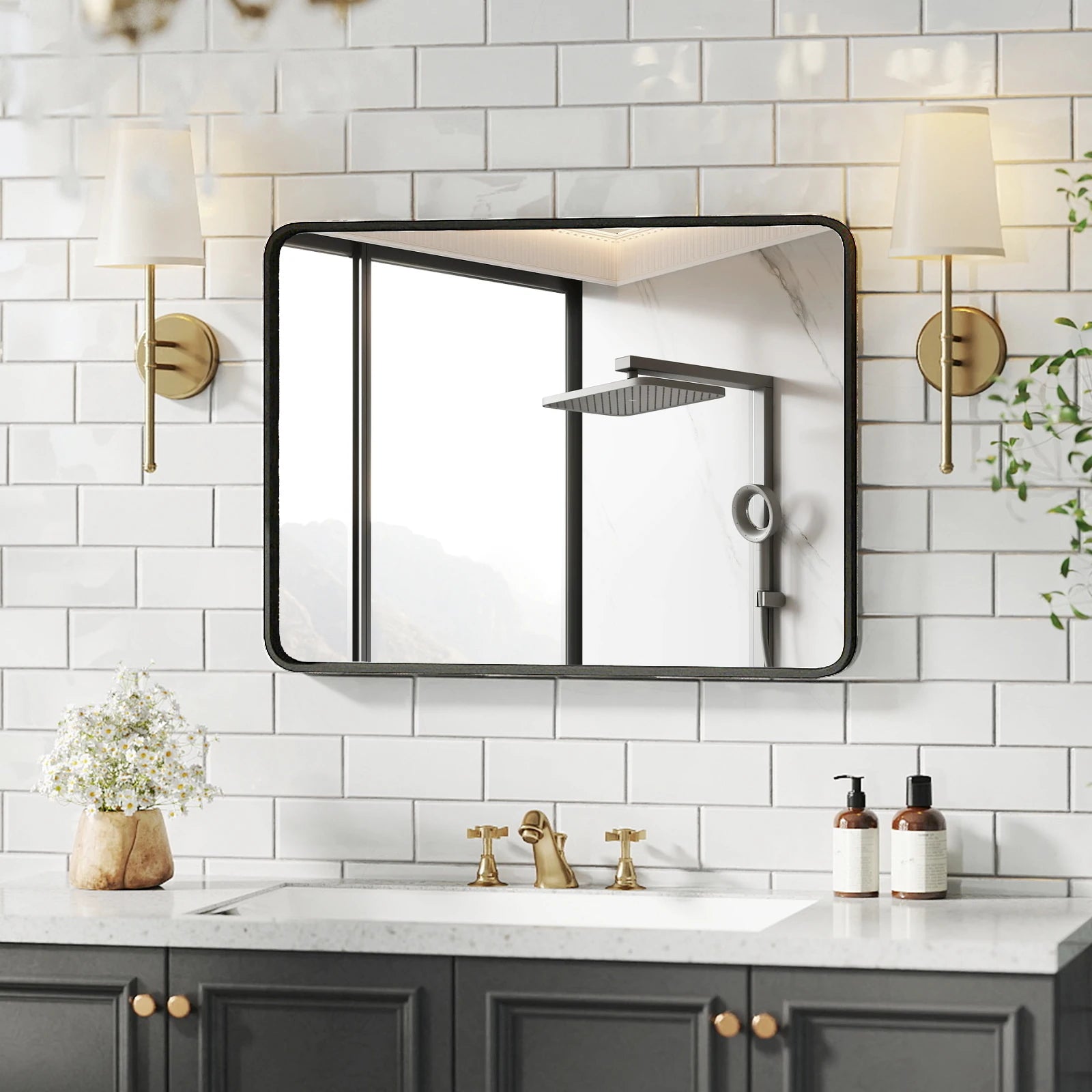 24x36 Inch Matte Black Framed Wall Mirror with Tempered Glass