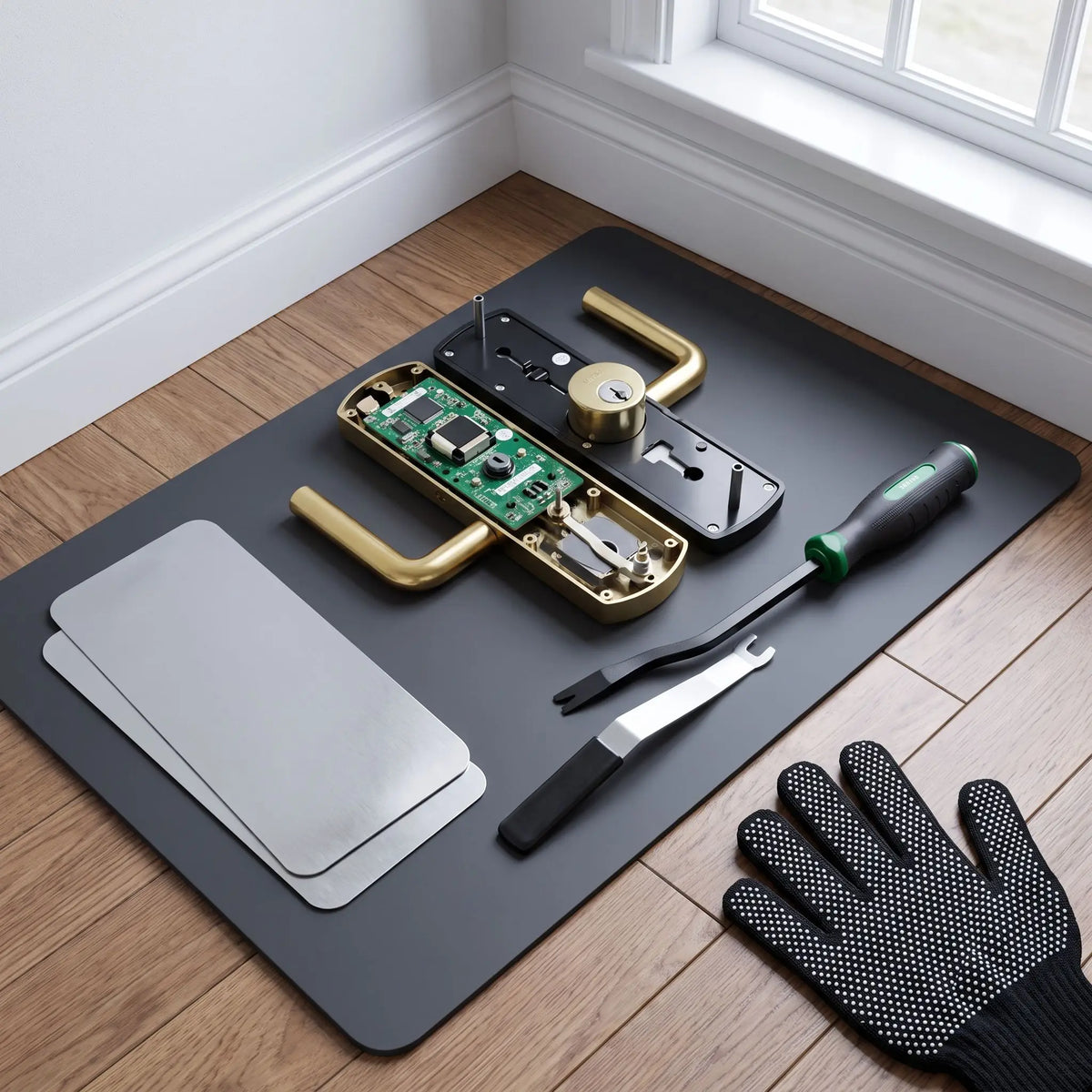 Smart Lock Installation Disassembly Tool Set, U-shaped Pry Wrench, Scraper, Metal Shield Plate & Non-slip Work Gloves