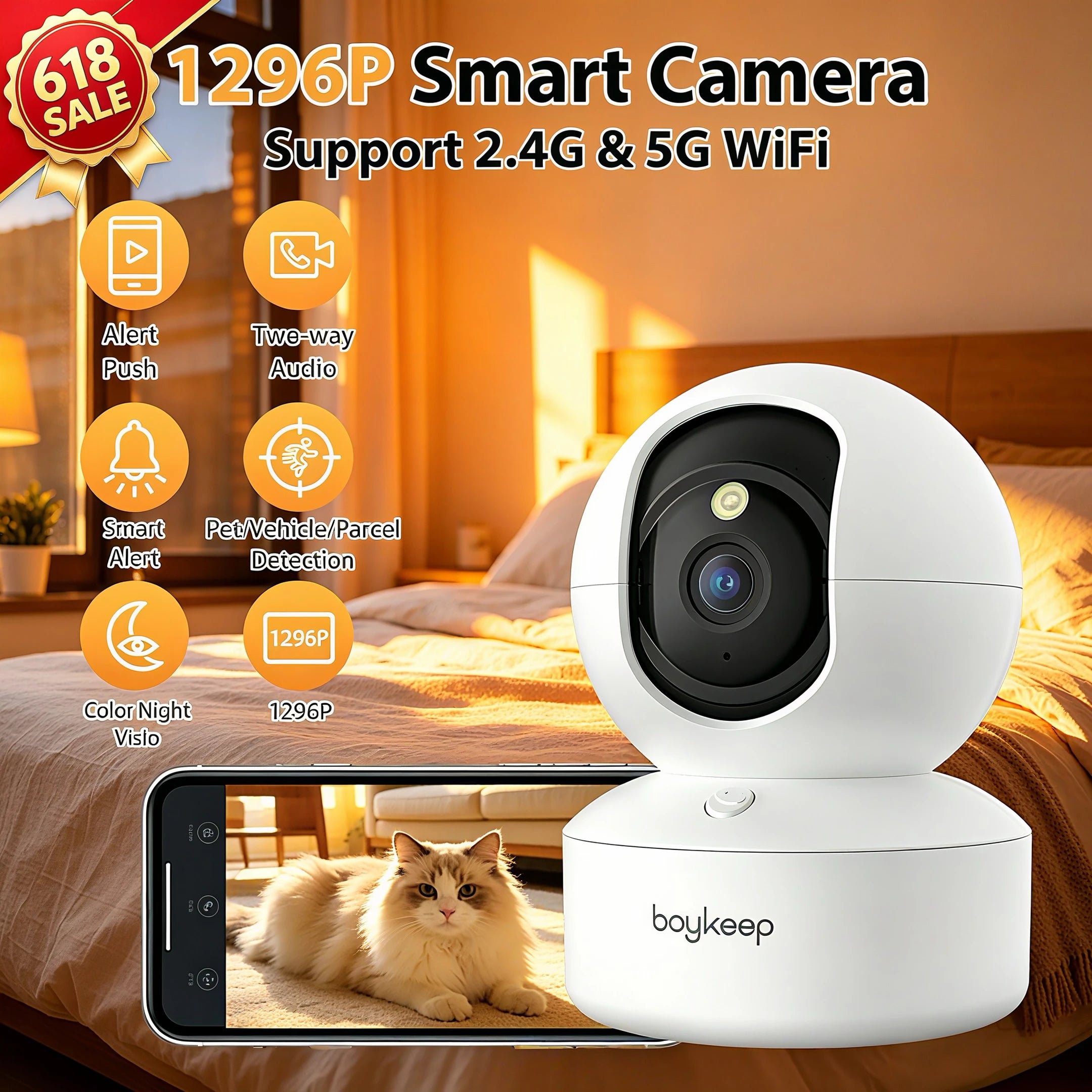2K Indoor Security Camera with 360° Pan & Tilt and Two-Way Audio