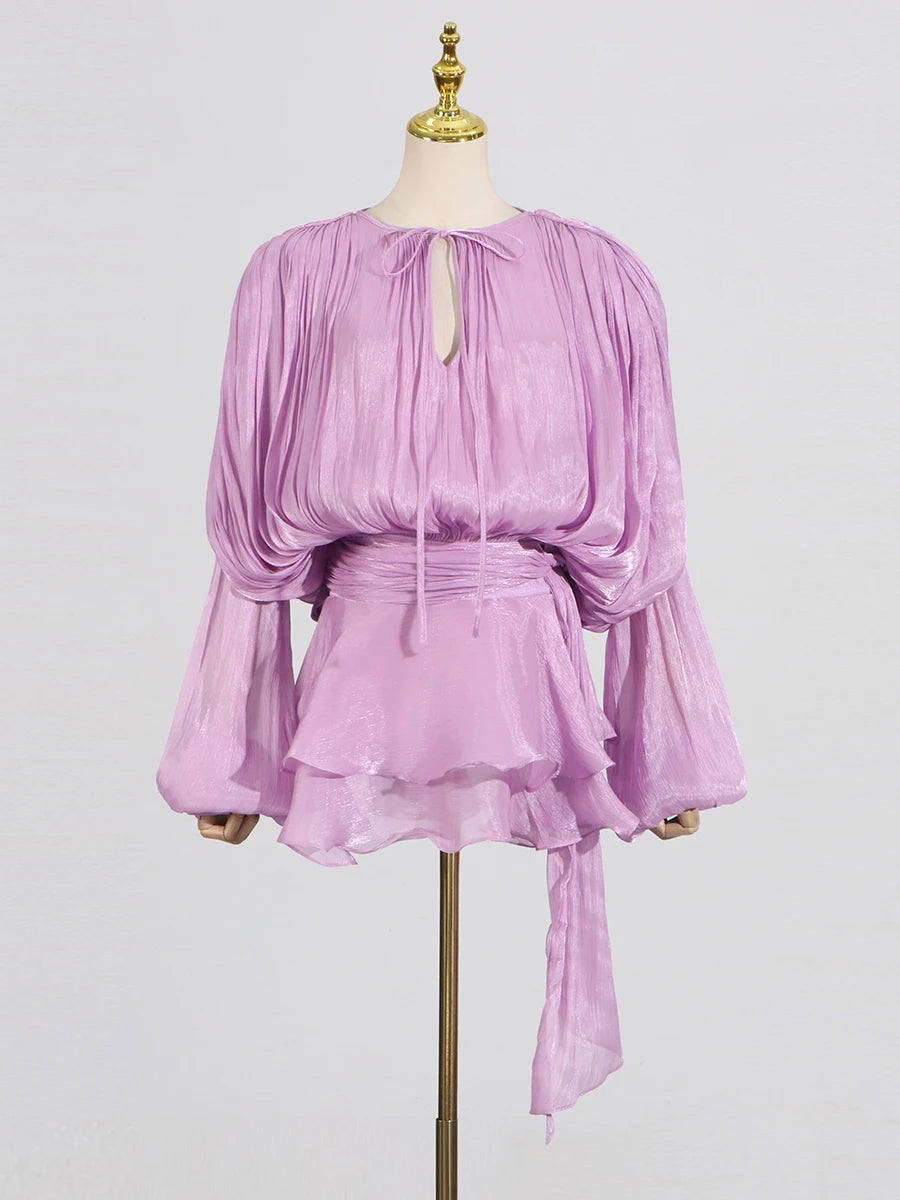 GALCAUR Solid Loose Splicd Lace Up Dresses For Women V Neck Long Sleeves Patchwork Ruffles Tunic Dreses Female Fashio New 