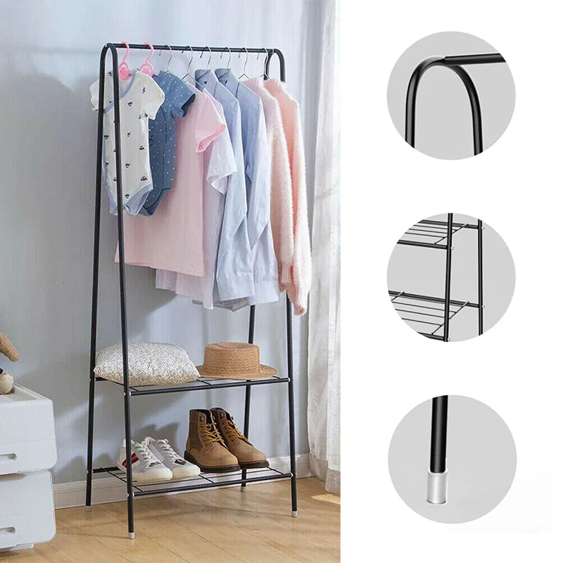 Double Rail Standing Clothes Rack with Storage Shelves