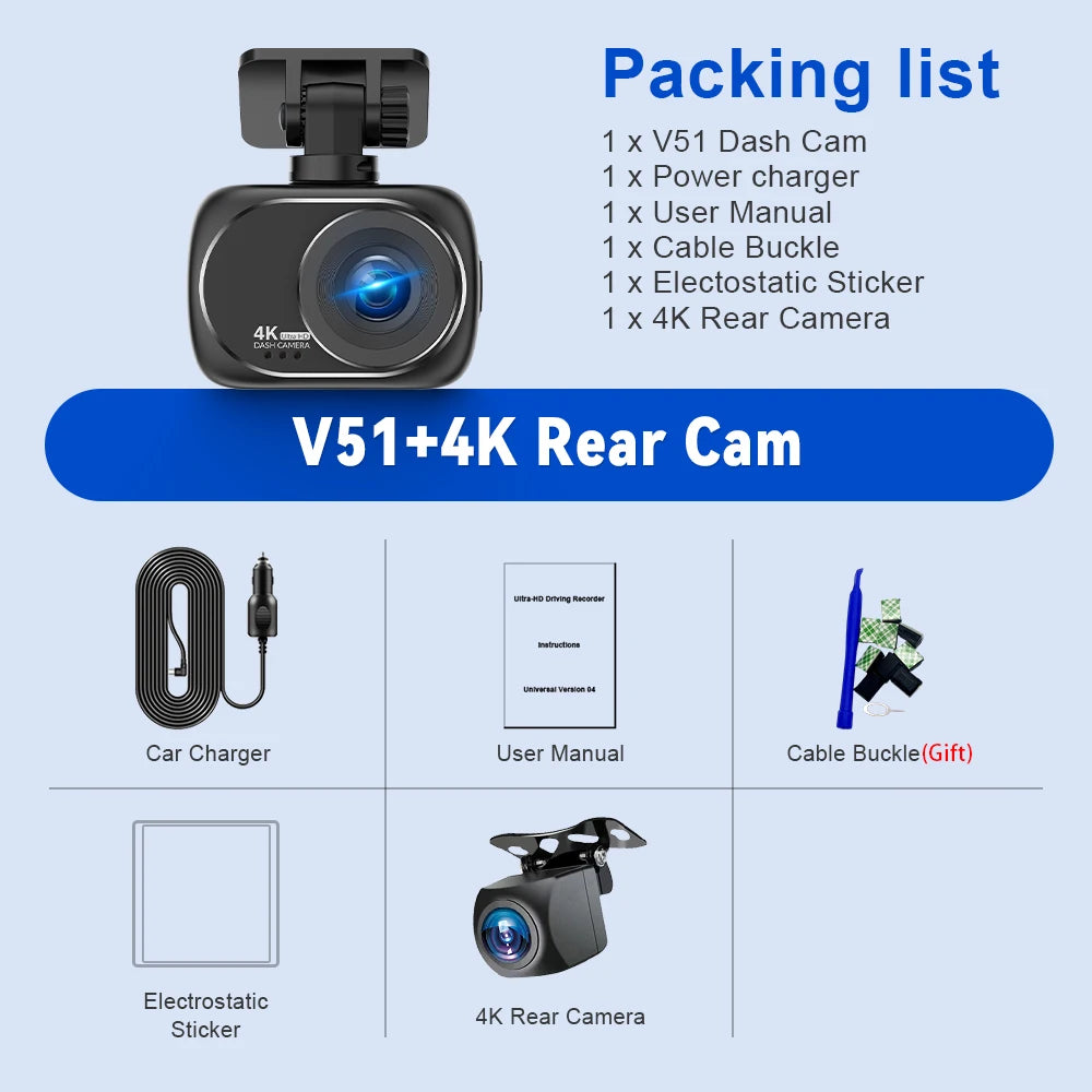 Soam 4K+4K Dash Cam Front and Rear Built-in WiFi 170°Wide Angle 2" IPS Screen Night Vision WDR 24H Parking Mode Mini Black Box