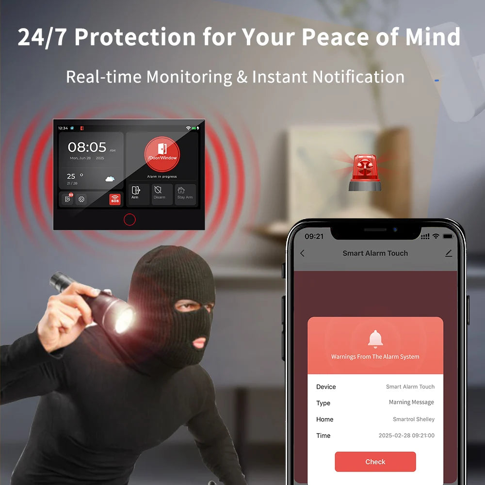 Tugard Bežični kućni sigurnosni alarm sustav 4G, WiFi GSM, 7-inčni IPS zaslon u boji, Tuya Smart App daljinsko upravljanje, kućni anti-kradni sigurnosni sustav