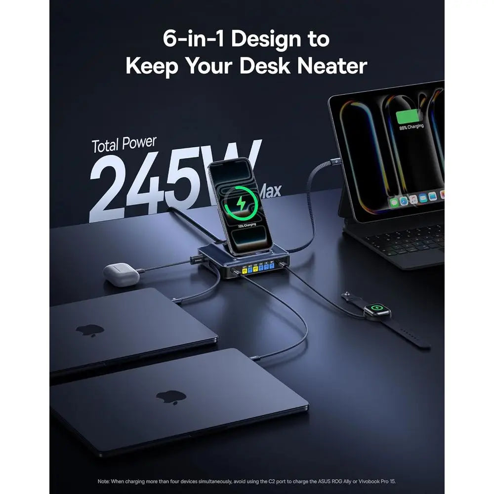 Station de charge USB-C 6-en-1 245W avec câbles rétractables et Qi2