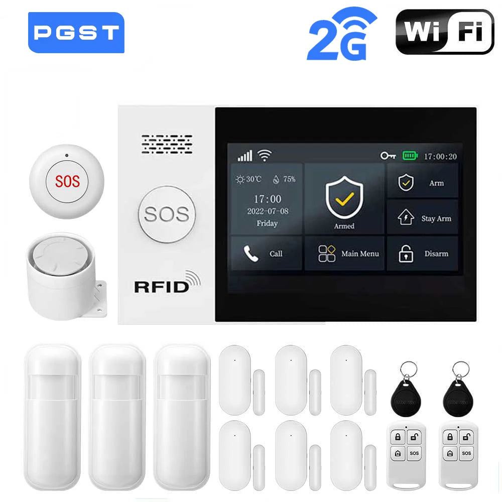 PGST Wireless Home Security Alarm System Work with Tuya 4G 2G GSM WIFI Smart Home 433MHz App Control With Alexa