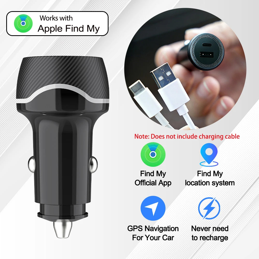 2in1 Car Charger GPS Tracker, USB Type-C Phone Fast Charging with Find My App for iOS & Android Google Find My