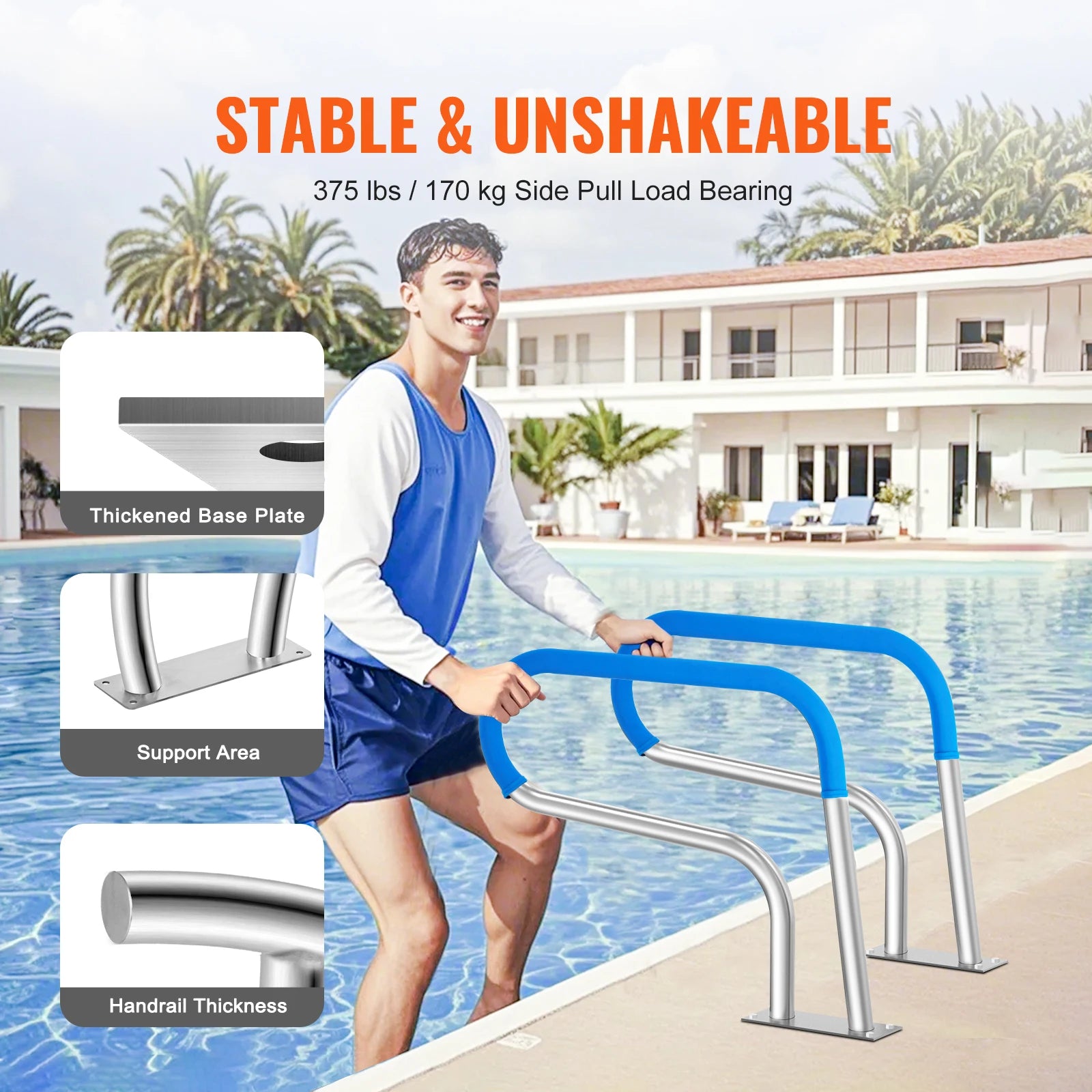 SucceBuy Pool Handrail Stainless Steel with Base Plate for Indoor/Outdoor Swimming Pool Safety Railing w/ Grip Cover for Decks