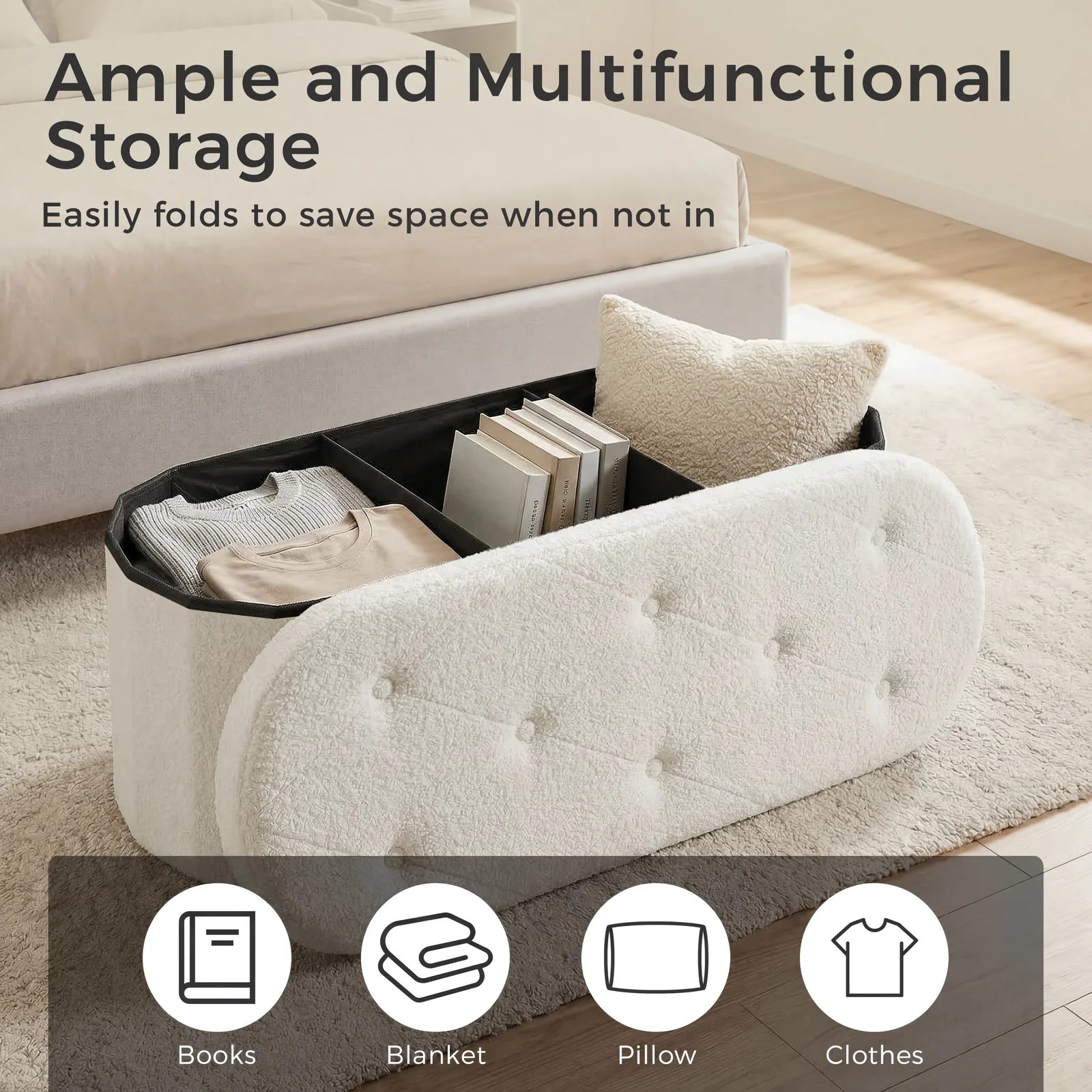 Storage Ottoman Bench 43 Inch with Hidden Storage and Cushion Seat