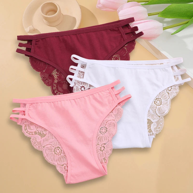 3PC/Set Women's Sexy Floral Lace Panties Low Rise Hollow Out Briefs Transparent Underwear Female Elastic Straps Soft Lingerie 