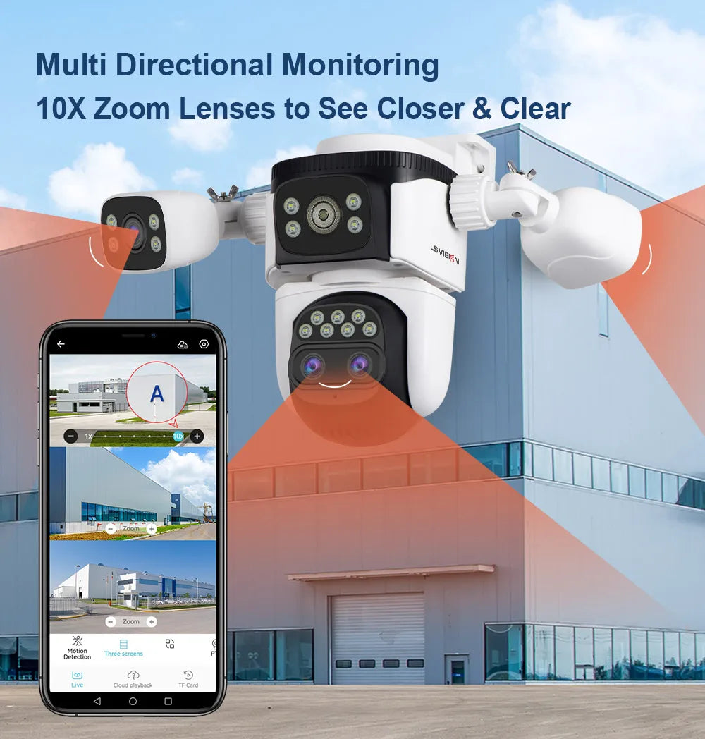 LS VISION 20MP Three Screens WiFi Security Camera Outdoor 10X Optical Zoom Four Lens Human Auto Tracking Waterproof CCTV Cameras 
