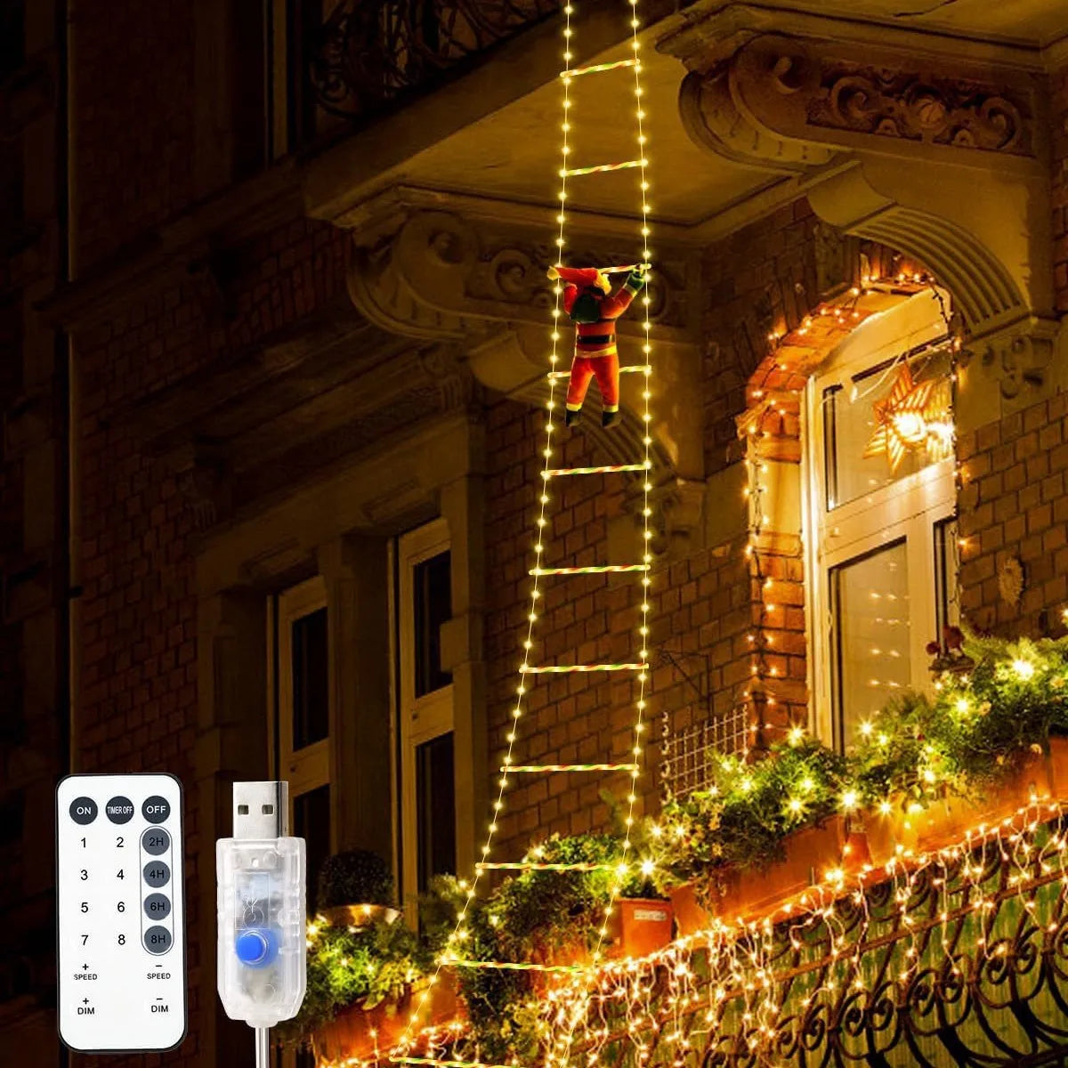1.5/3M Christmas Decoration LED Santa Claus Climbing Ladder Light USB Plug 8 Flashing Modes Suitable Home Xmas Tree Wall Window 