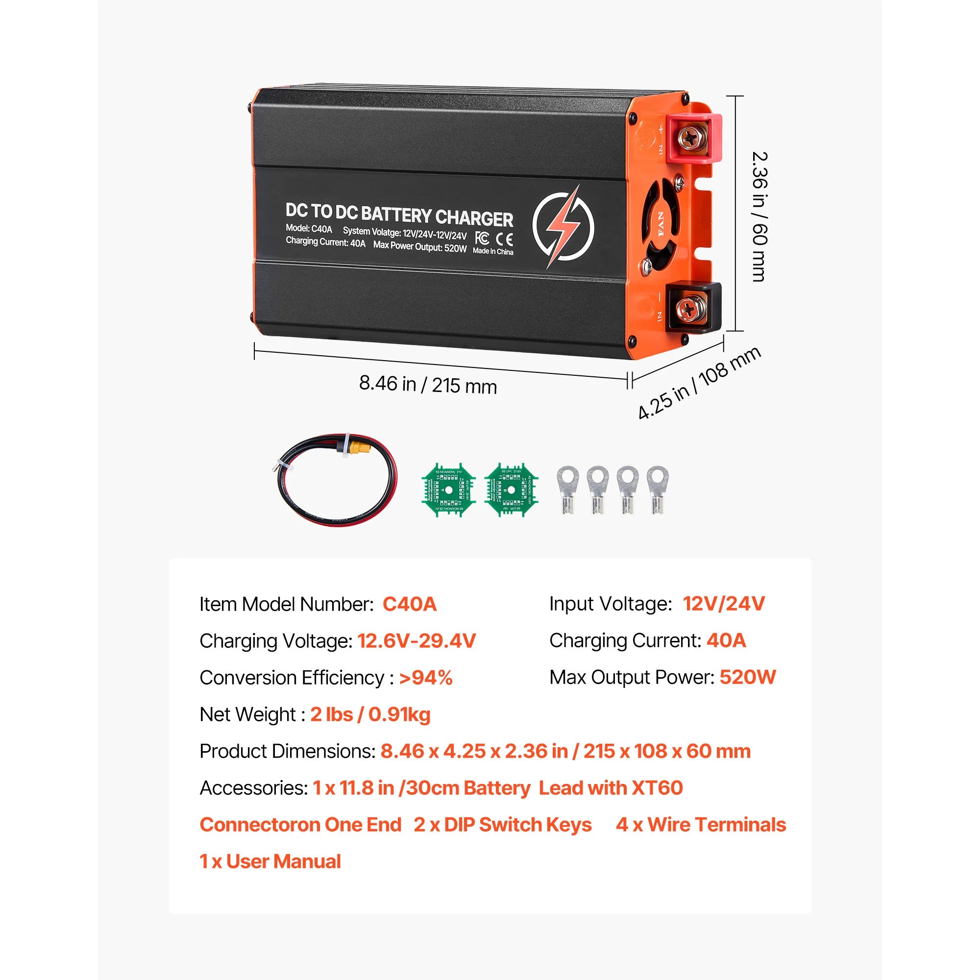SucceBuy DC-naar-DC acculader 520W 40A dynamolader geschikt voor LiFePO4, loodzuur, AGM en GEL batterijen 12V/24V-12V/24V voor camper