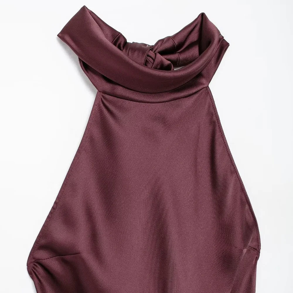 Women's Long Satin Halter Dress, Backless, Bow Tied, Back Zipper, Female Dresses, Sexy Fashion 