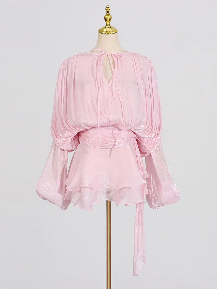 GALCAUR Solid Loose Splicd Lace Up Dresses For Women V Neck Long Sleeves Patchwork Ruffles Tunic Dreses Female Fashio New 