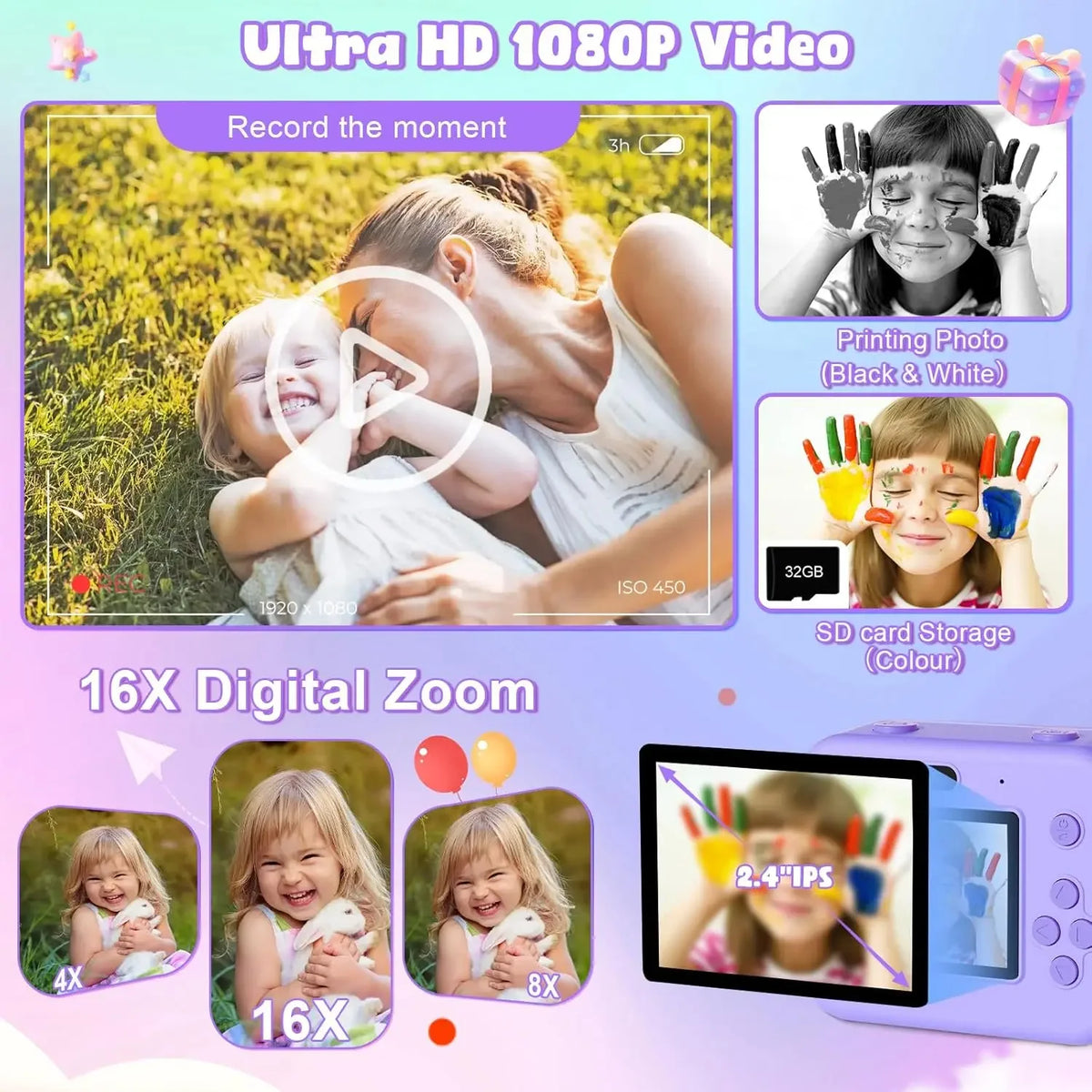 Educational Thermal Instant Print Camera with 32GB Card, 1080P Mini Digital Video Camera for Kids