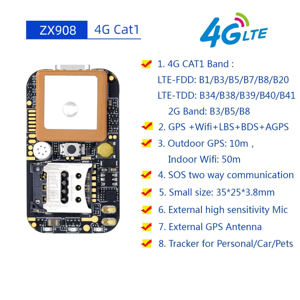 Mini rastreador GPS 4G ZX908 CAT1 placa de circuito PCBA para veículo Sistema de rastreamento de pessoas sem fio WIFI Beidou Localizador por satélite