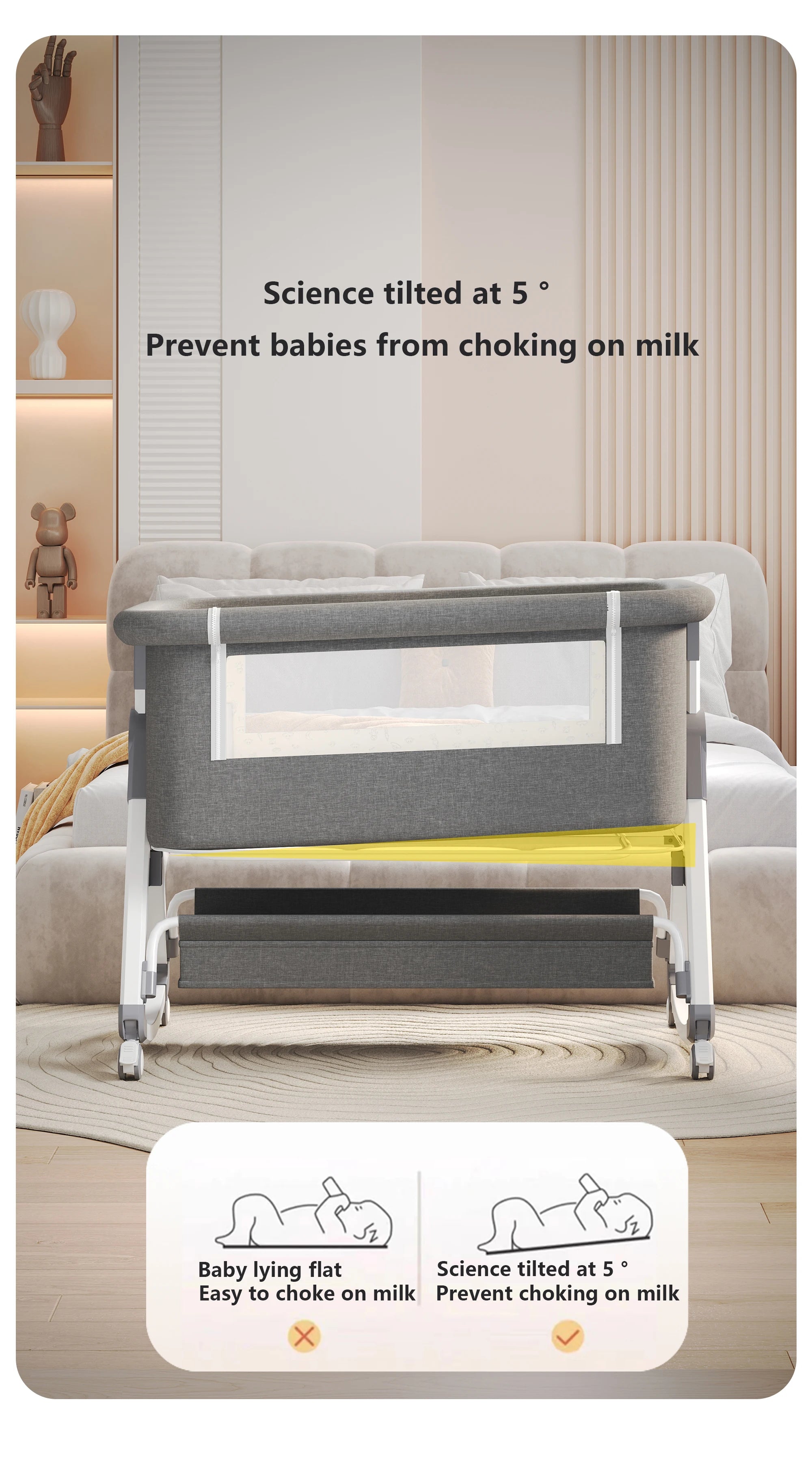 5-in-1 Baby Crib with Adjustable Height, Rocking Mode, Mosquito Net and Storage