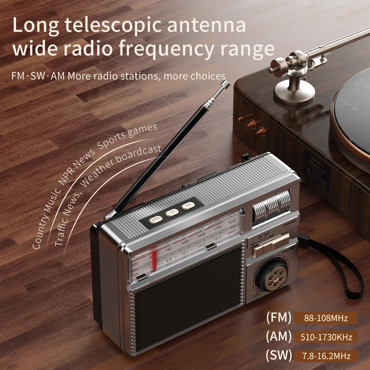 Retro-draagbare radio met Bluetooth en opladen op zonne-energie