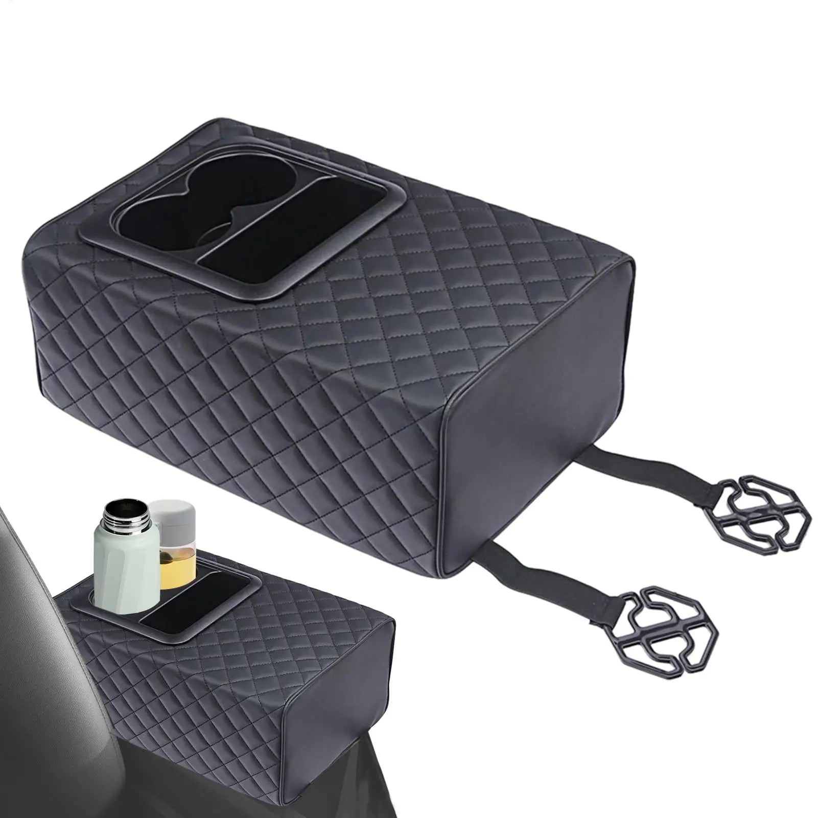 Rear Seat Armrest Booster Pad with Cup Holders and Double Pockets