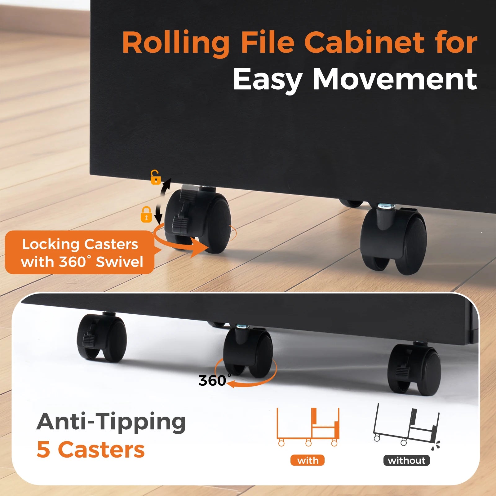 2 Drawer Rolling Wood Filing Cabinet with Locking Wheels