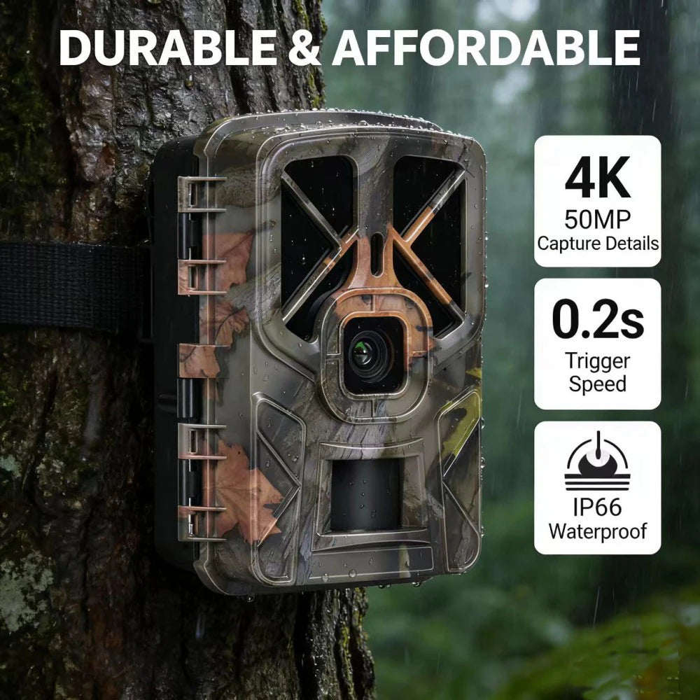 Caméra de trail 50MP 4K extérieure, vision nocturne, LEDs IR 940 nm, IP66 étanche, monitorage pour repérage, chasse, faune