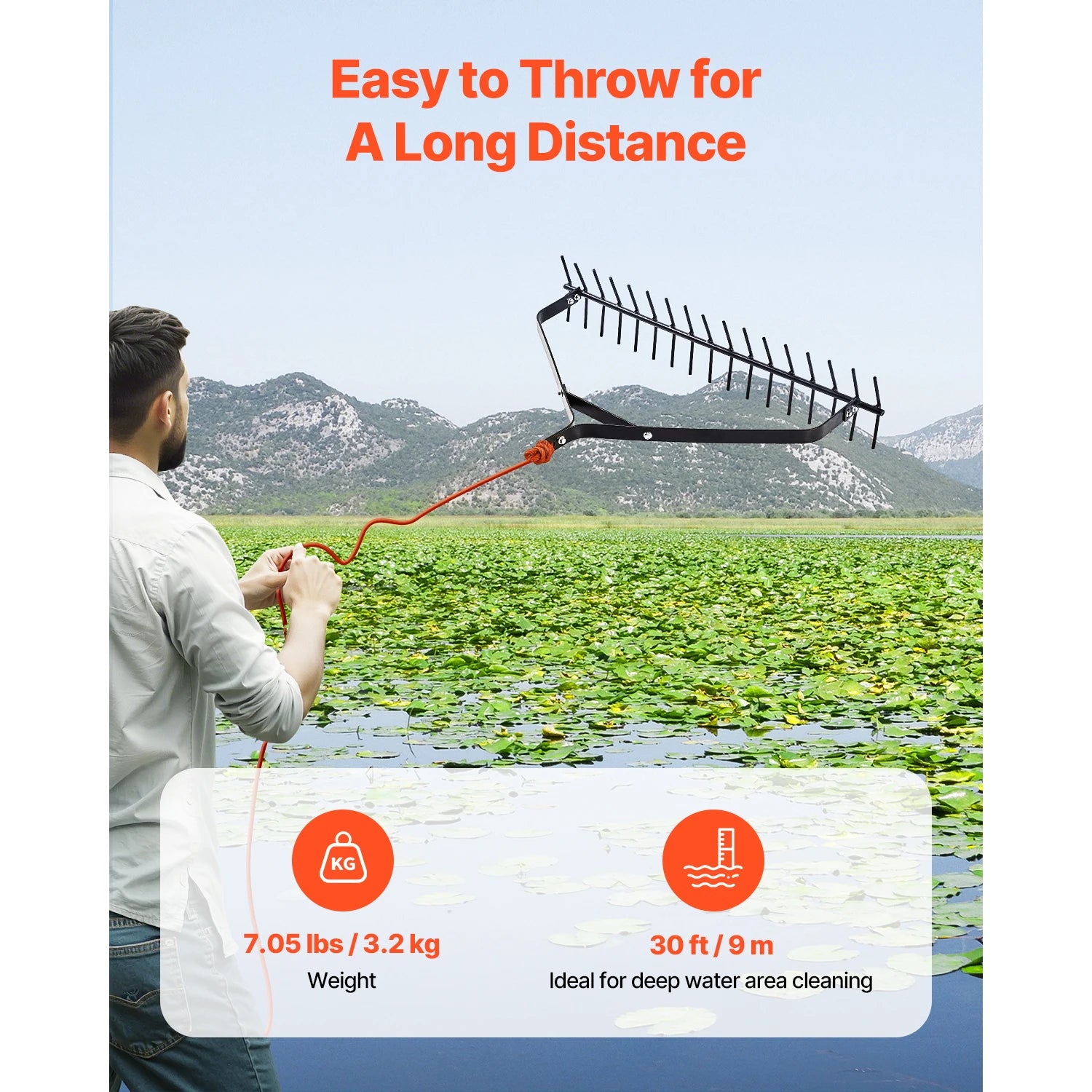SucceBuy 32 in Aquatic Weed Rake 6.3 Double Weeds Cutter w/30ft Rope No Assembly Required Clearing Tool to Pond Lake Rivulet