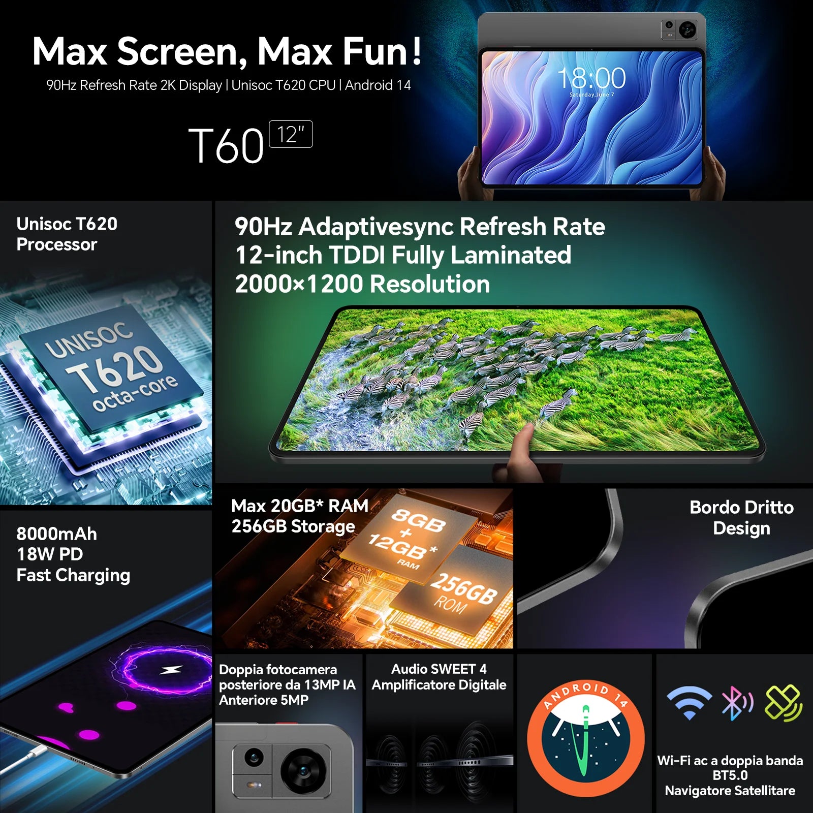 Teclast T60 12" Tablet Οθόνη 2K Android 14 T620 8-πύρηνος Μέγιστη 20GB RAM 256GB ROM 4G LTE τύπος C 8000mAh Γρήγορη Φόρτιση Widevine L1