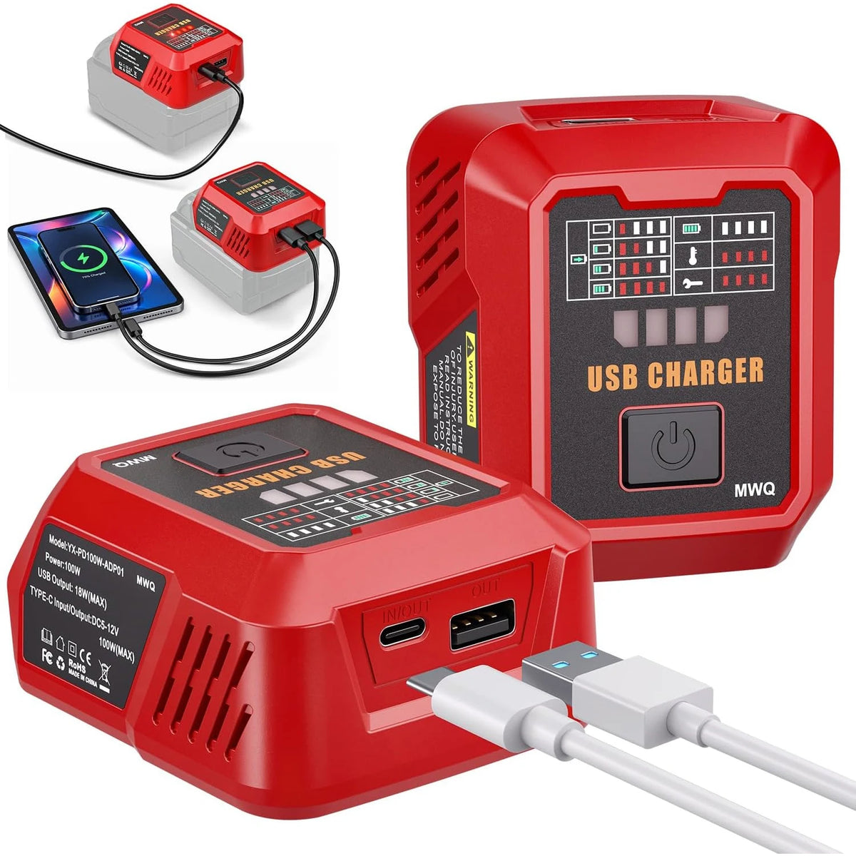 100-W-USB-C-Ladegerät für Milwaukee-18-V-Akkus - Netzteil mit USB-A