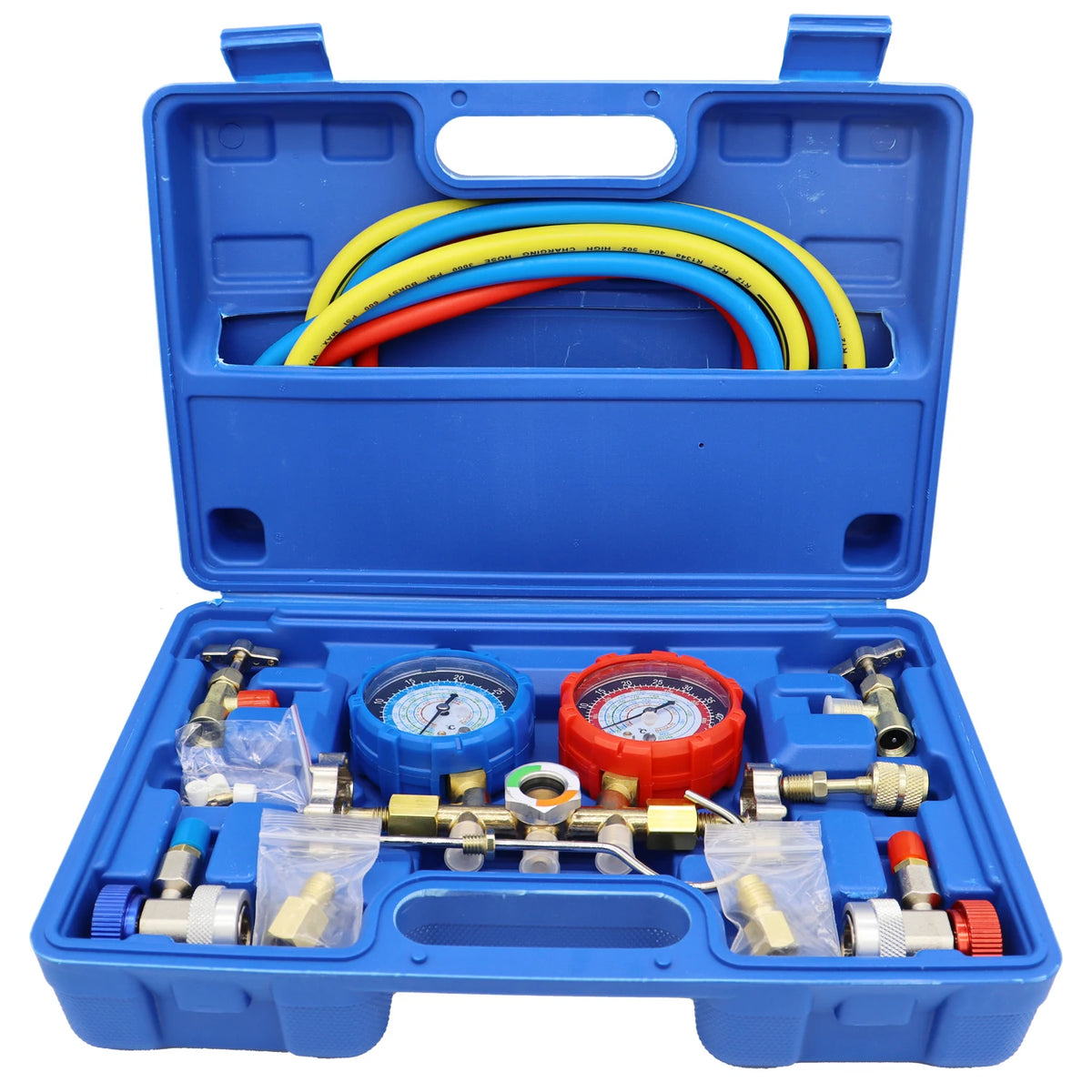 Für R410A R22 R134a R404A Set Klimaanlagen-Manometer-Verteilermessgerät mit Schlauch und Haken