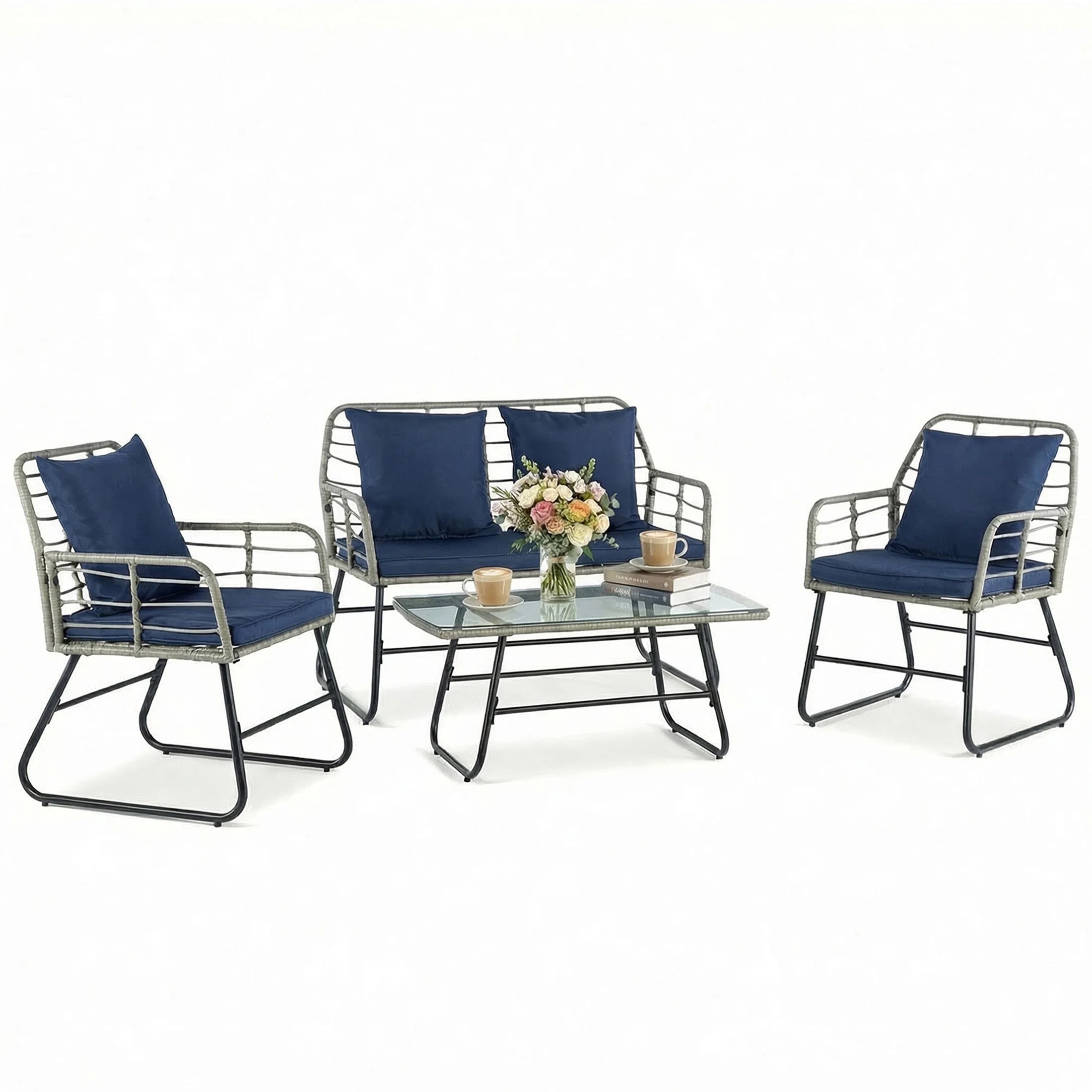Set di mobili da esterno in vimini JHK per patio, 4 pezzi con cuscini morbidi e tavolo in vetro, sedie intrecciate a mano per giardino e prato
