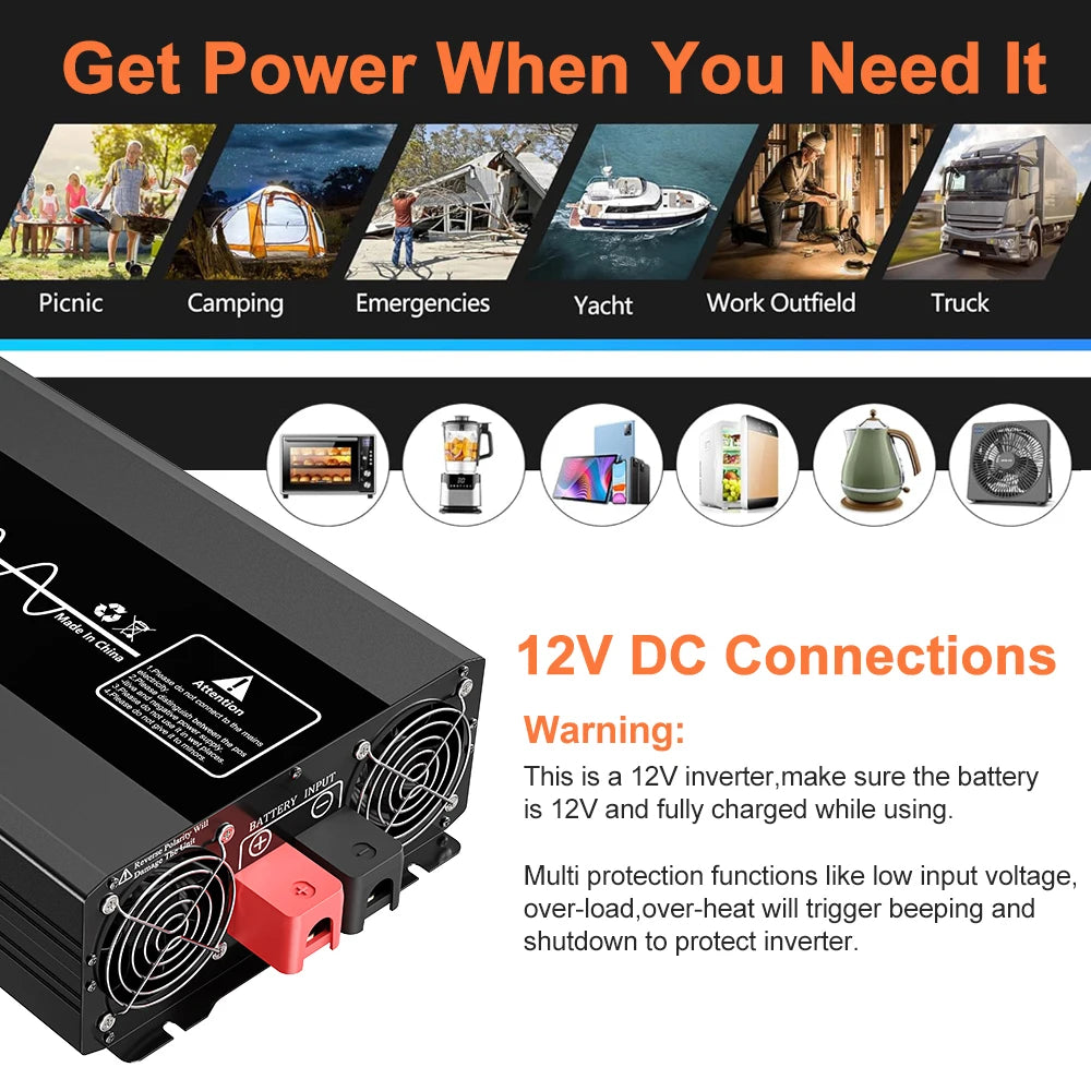 Pure Sine Wave Power Inverter 12V DC to 220V AC