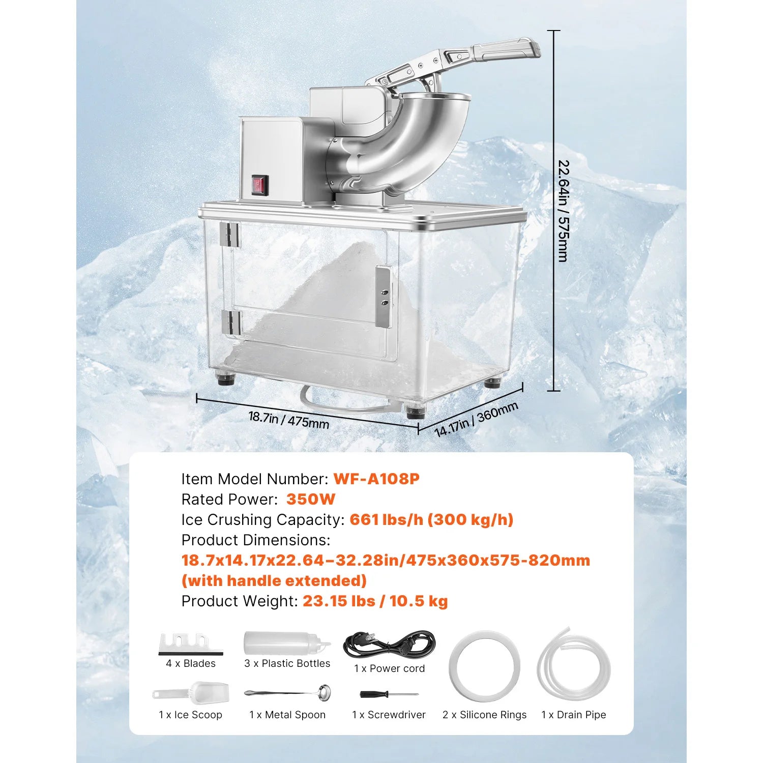 Kommmerciel isknuser 661 lbs/t Elektrisk snekonemaskine 350W