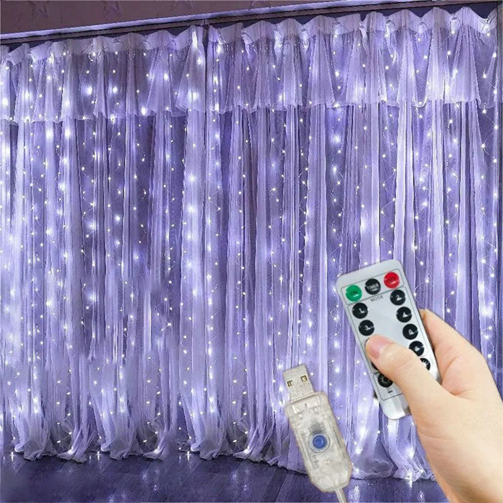 Cortina de luzes LED decorativas USB, 8 modos, vários tamanhos