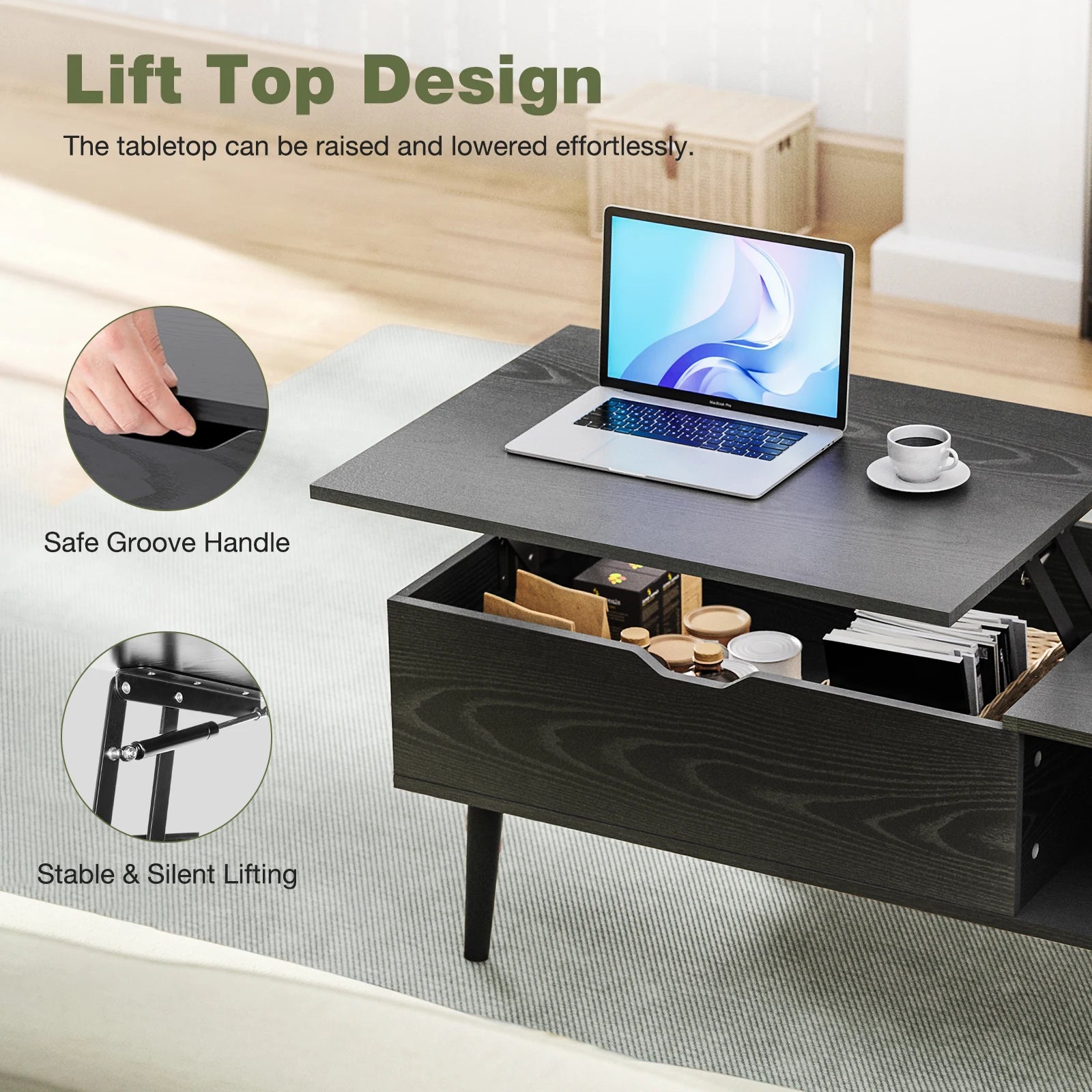 Couchtisch mit Hebefunktion und Ablagefach 39,37" Moderner Holztisch