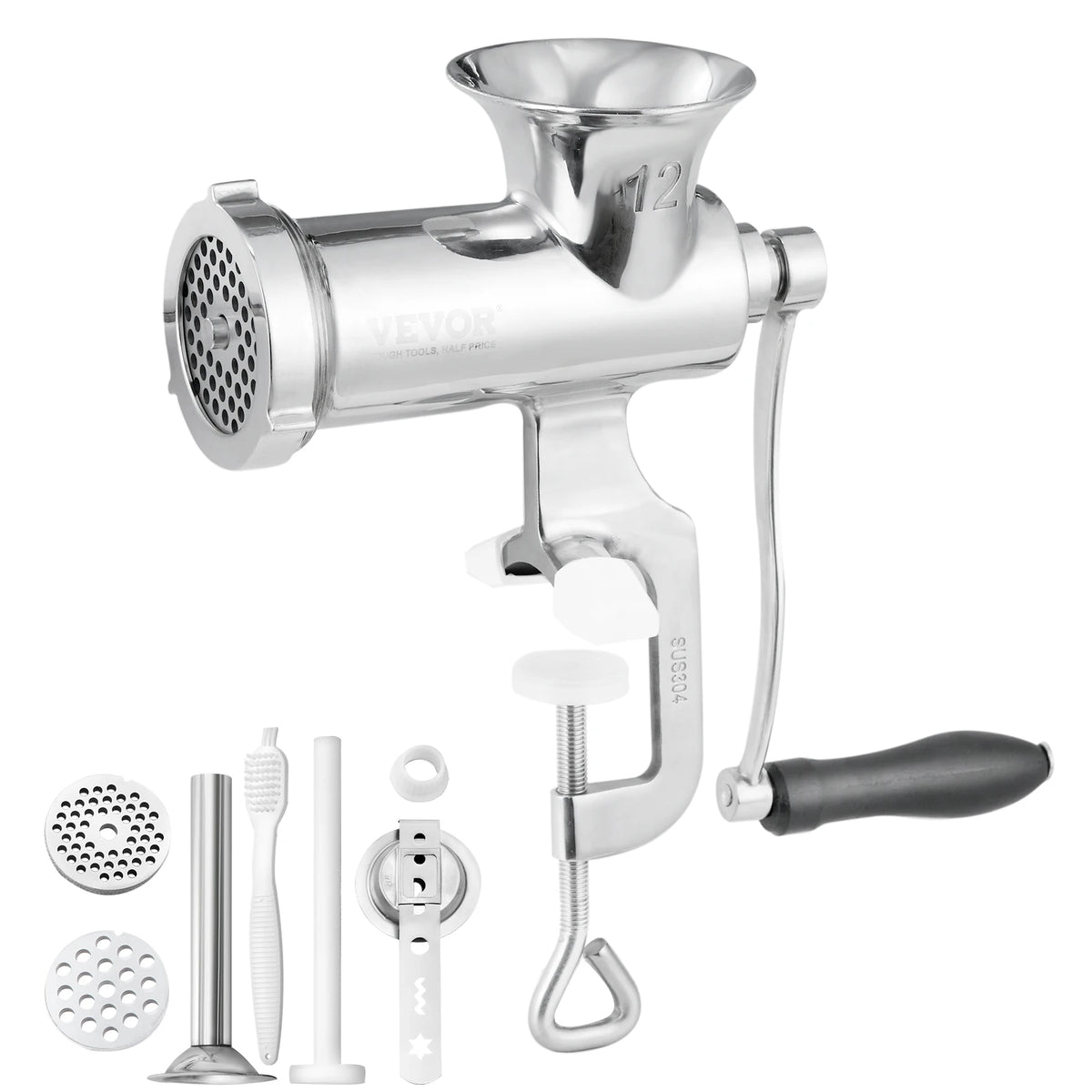 Manual Stainless-Steel Meat Grinder with Table Clamp