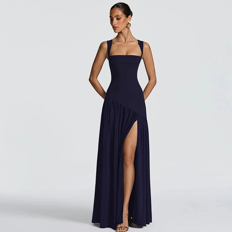 Elegant Sleeveless High Waist Slit Dress with Belted Sash