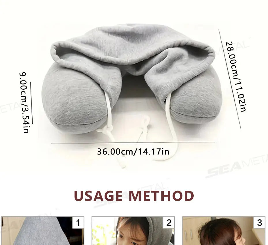 SEAMETAL Portable Neck Pillow for Long Travel U-Shape Neck Rest Pillow with Hood Privacy Protection Passenger Headrest Pillow