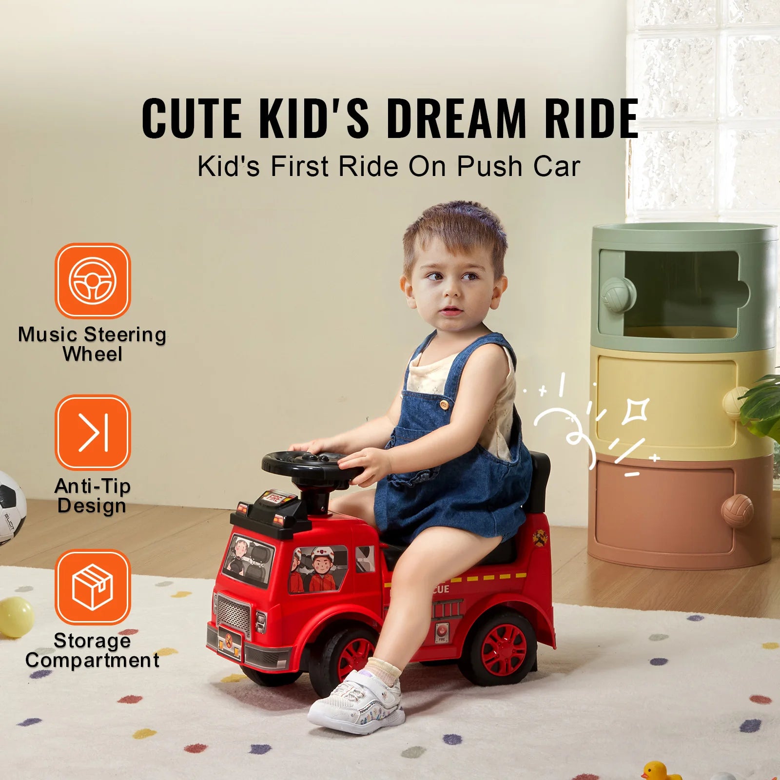 Kids Ride On Push Car with Music & Storage Seat for Toddlers